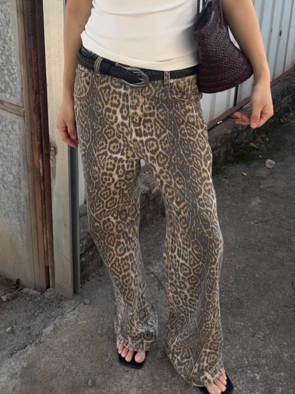 Trinite Studio High Rise Faded Leopard Print Distressed Denim Wide Leg Jeans 28"